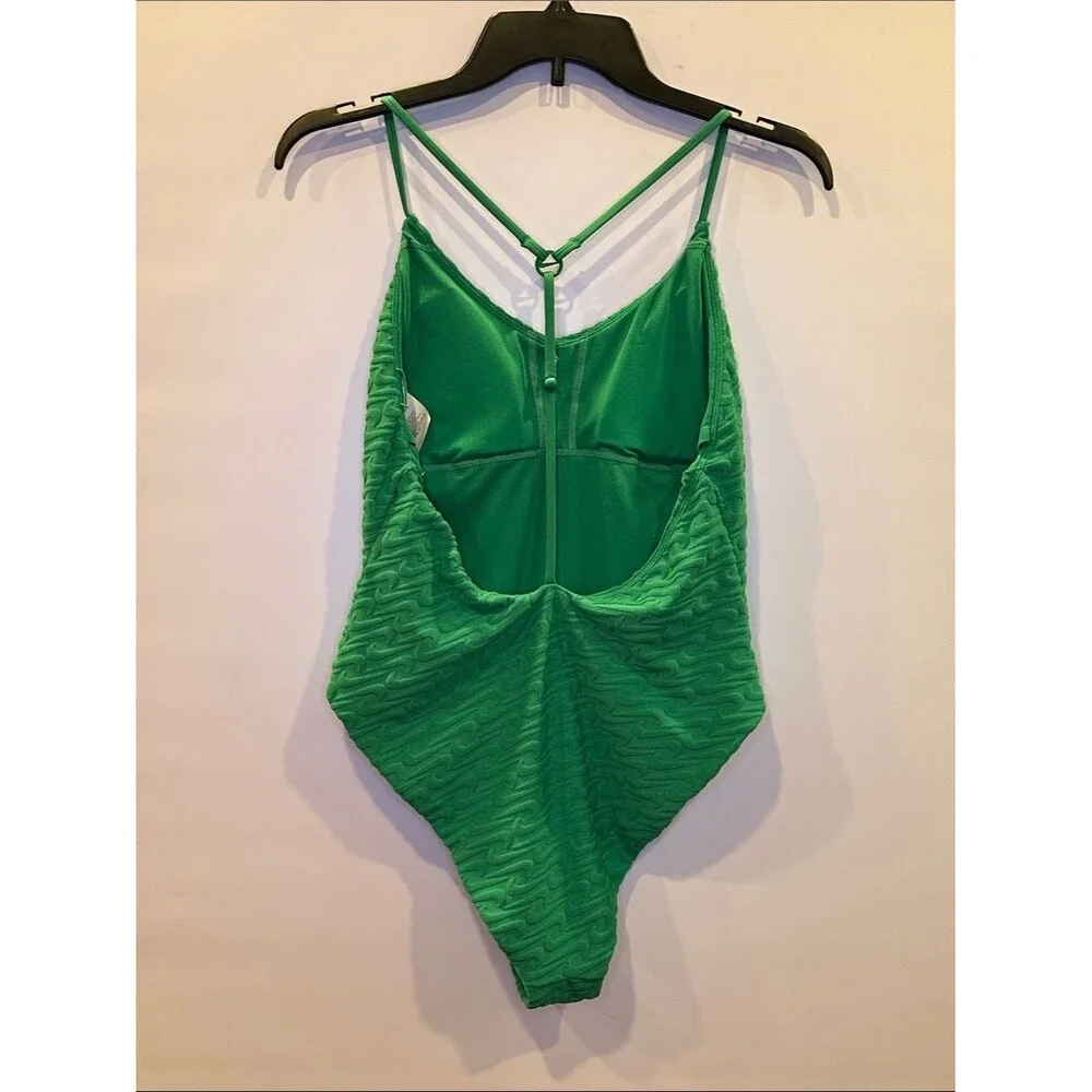 NIKE Swoosh Textured One Piece Swimsuit V Neck Y Back NEW Green Terry Large